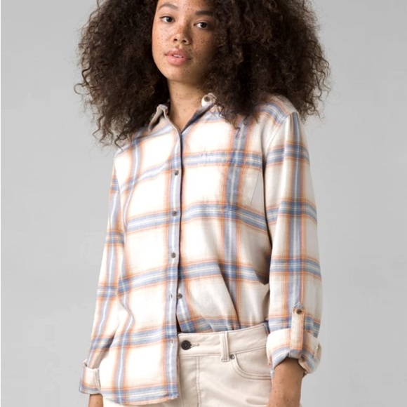 Prana Alfie Flannel Roll Tab Sleeve Cream  Women’s Small Soft Roll Tab - Picture 1 of 10